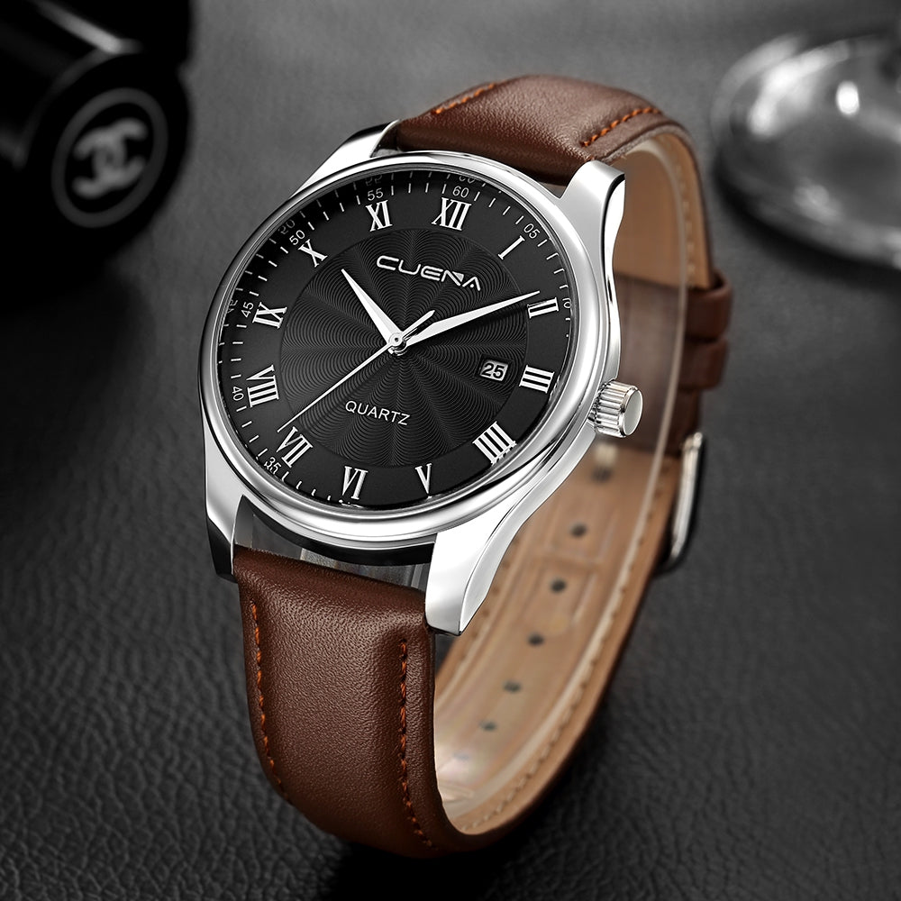 CUENA 6613P Men Genuine Leather Strap Fashion Casual Quartz Wristwatch