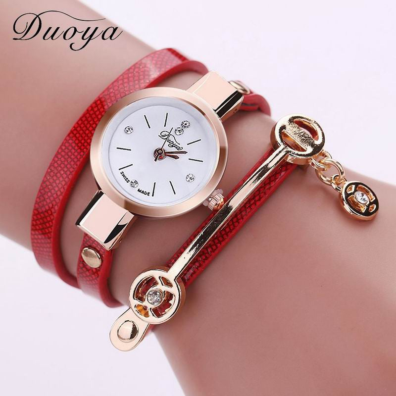 DUOYA D032 Women Wrap Around Leather Bracelet Wrist Watch with Pendant