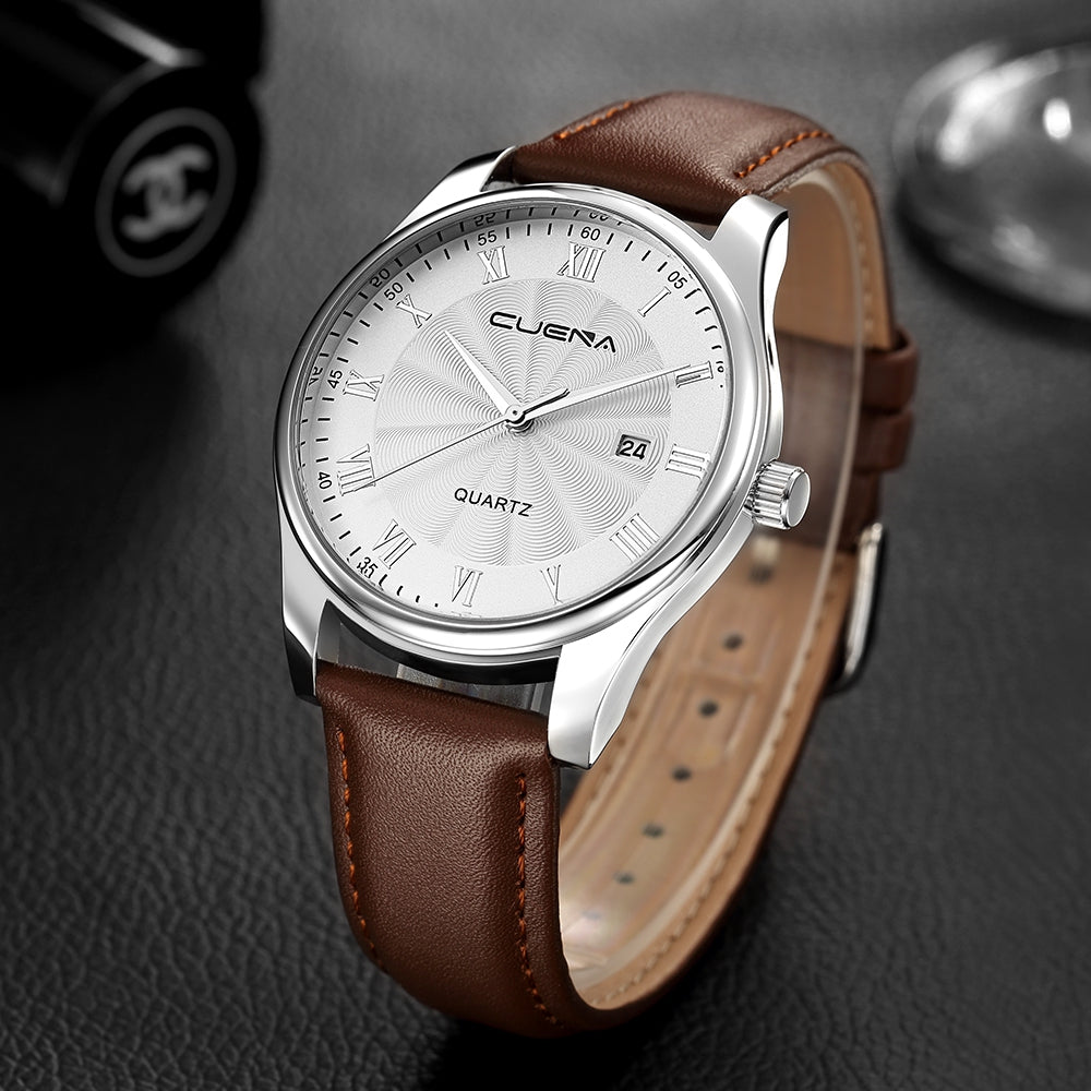 CUENA 6613P Men Genuine Leather Strap Fashion Casual Quartz Wristwatch