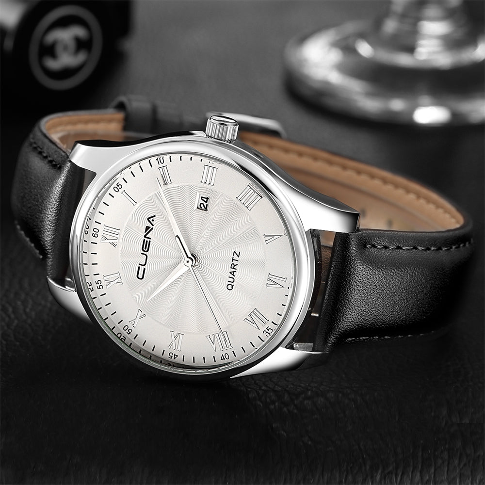 CUENA 6613P Men Genuine Leather Strap Fashion Casual Quartz Wristwatch