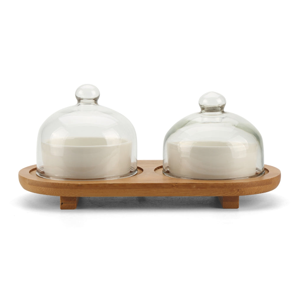 2PC Simple Solid Ceramic Bowl With Wooden Holder