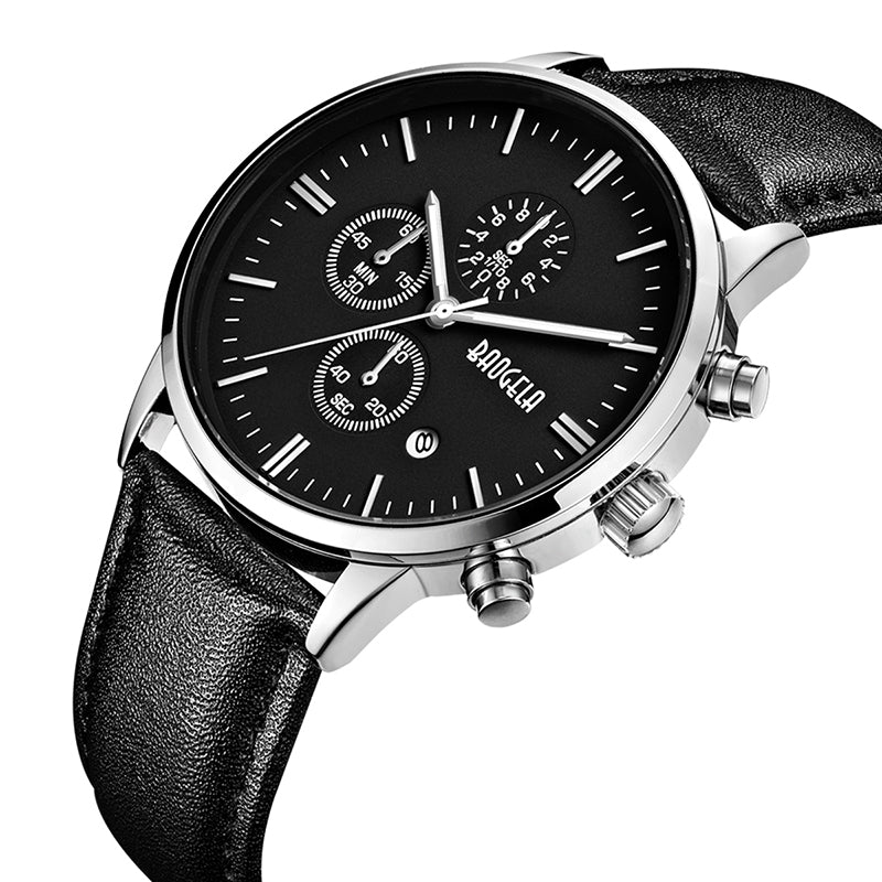 Baogela 1706 Men Chronograph Luminous Date Leather Strap Quartz Wrist Watch