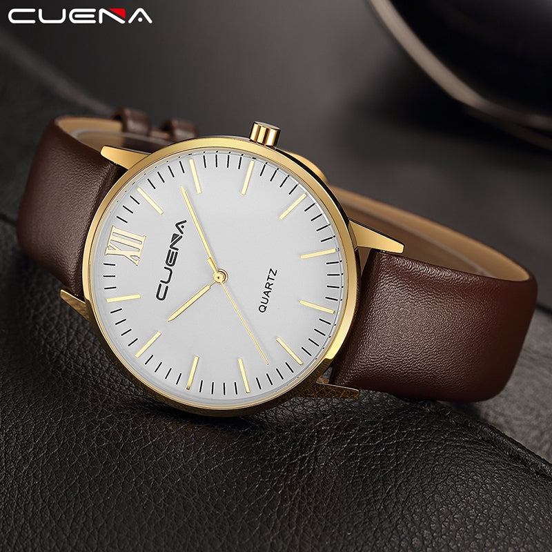 CUENA 6632P Men Fashion Quartz Wristwatch Genuine Leather Watchband Waterproof Watch