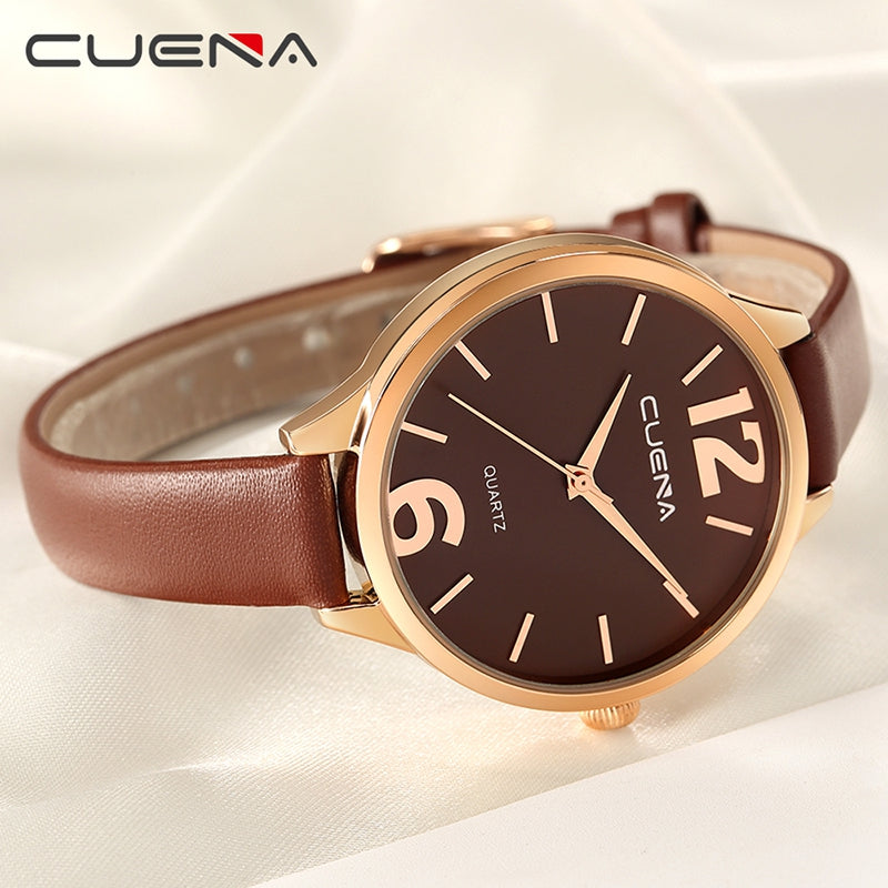 CUENA 6630P Women Fashion Genuine Leather Band Quartz Analog Wristwatch