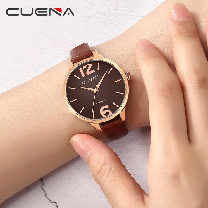 CUENA 6630P Women Fashion Genuine Leather Band Quartz Analog Wristwatch