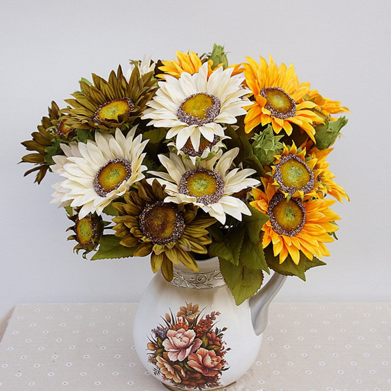 1 Bouquet 13 Heads Retro European Style Oil Painting Feel White Sunflower Artificial Flowers 50CM