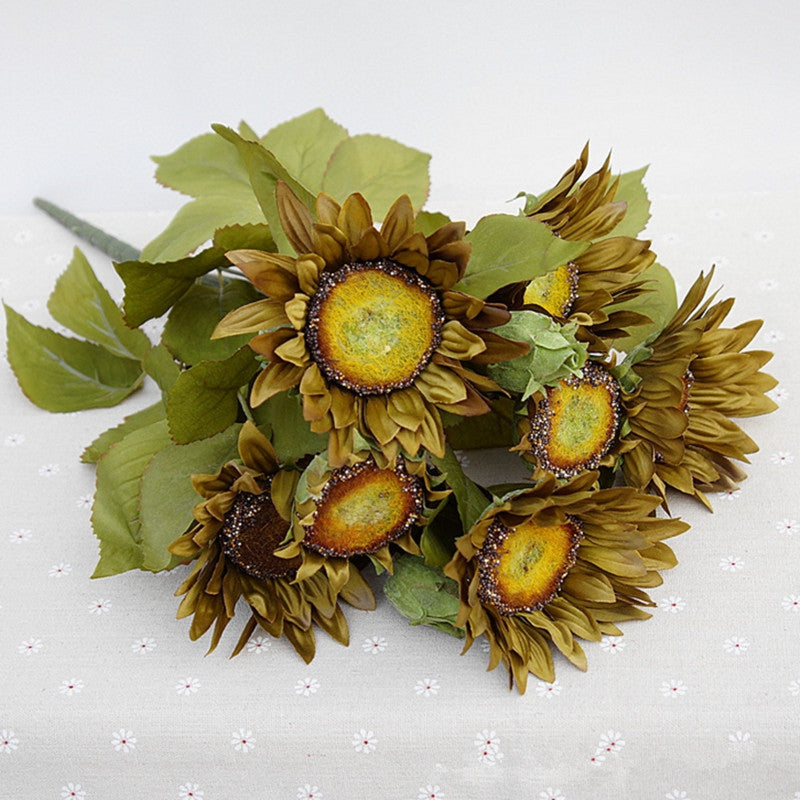 1 Bouquet 13 Heads Retro European Style Oil Painting Feel Greyish-Green Sunflower Artificial Flo...