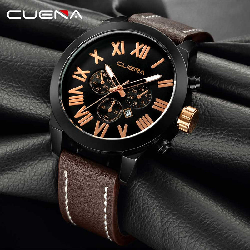 CUENA 6628P Men Fashion Leather Watchband Quartz Wristwatch