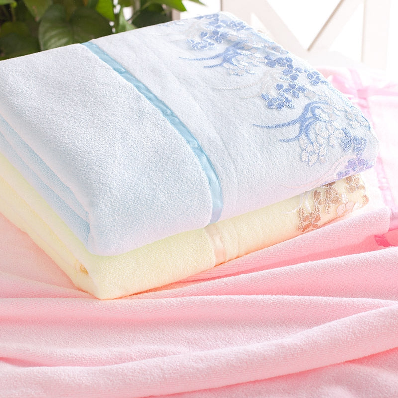 1 Pc Bath Towel Simple Solid Lace Edge Thickened Cozy Soft Bath Towel