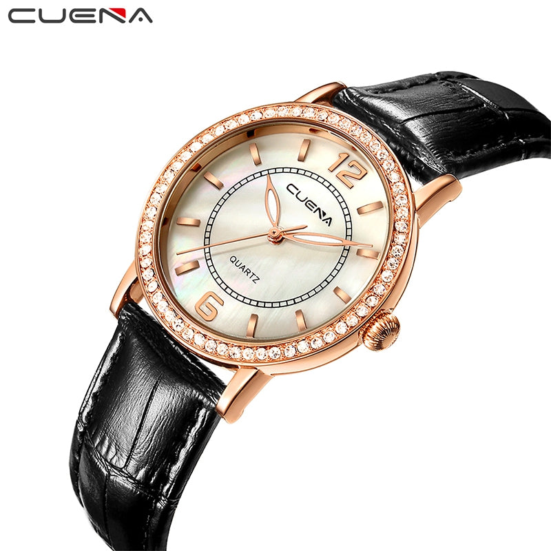CUEAN 6626P Women Fashion Genuine Leather Band Quartz Wristwatch