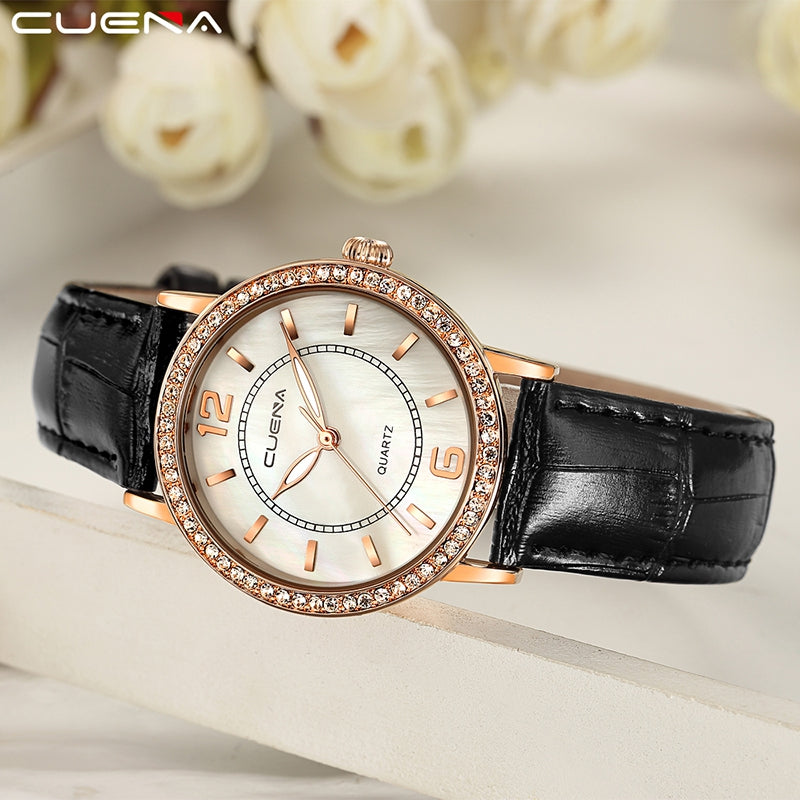 CUEAN 6626P Women Fashion Genuine Leather Band Quartz Wristwatch