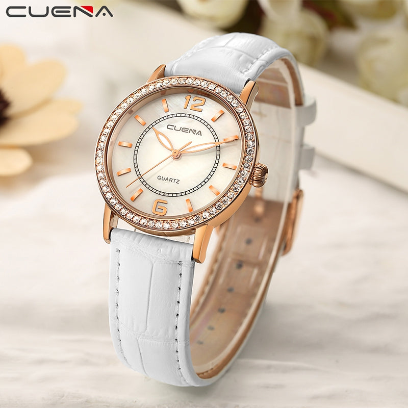 CUEAN 6626P Women Fashion Genuine Leather Band Quartz Wristwatch