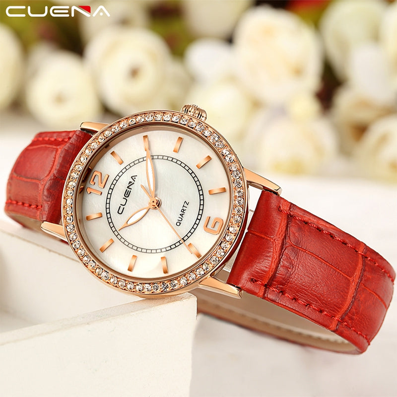 CUEAN 6626P Women Fashion Genuine Leather Band Quartz Wristwatch