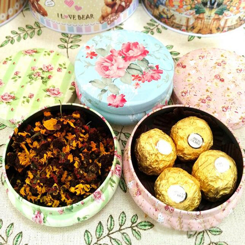 Desk Storage Box Pastoral Style Floral Pattern Round Candy Box