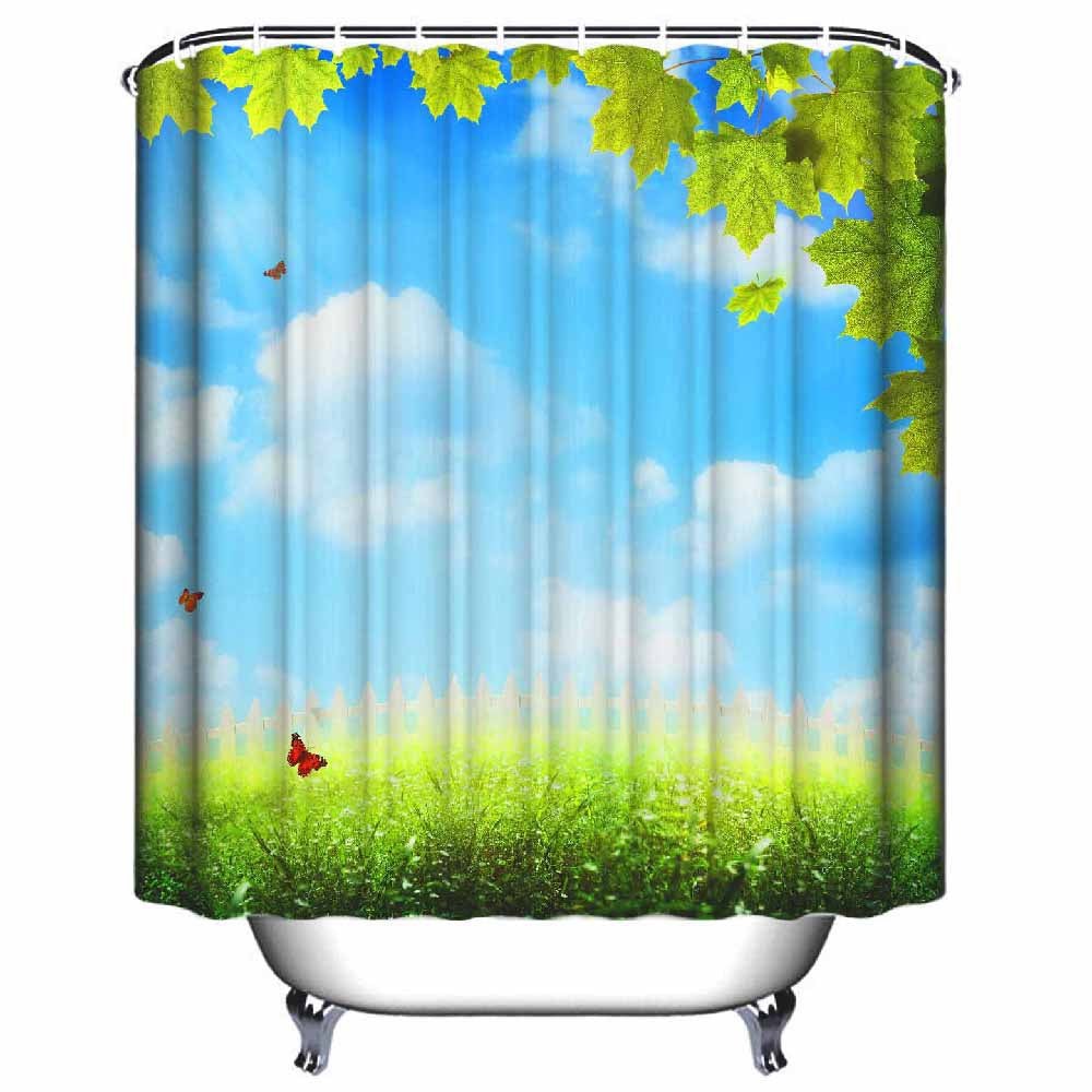 Blue Sky and White Cloud Bathroom Waterproof Polyester Shower Curtain