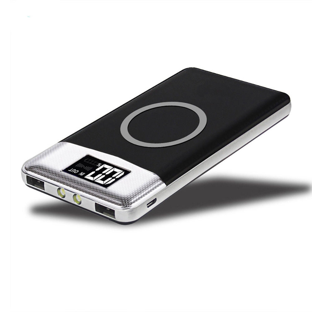 10000mAh Power Bank Qi Wireless Charging 2 USB LCD LED Portable Battery Charger