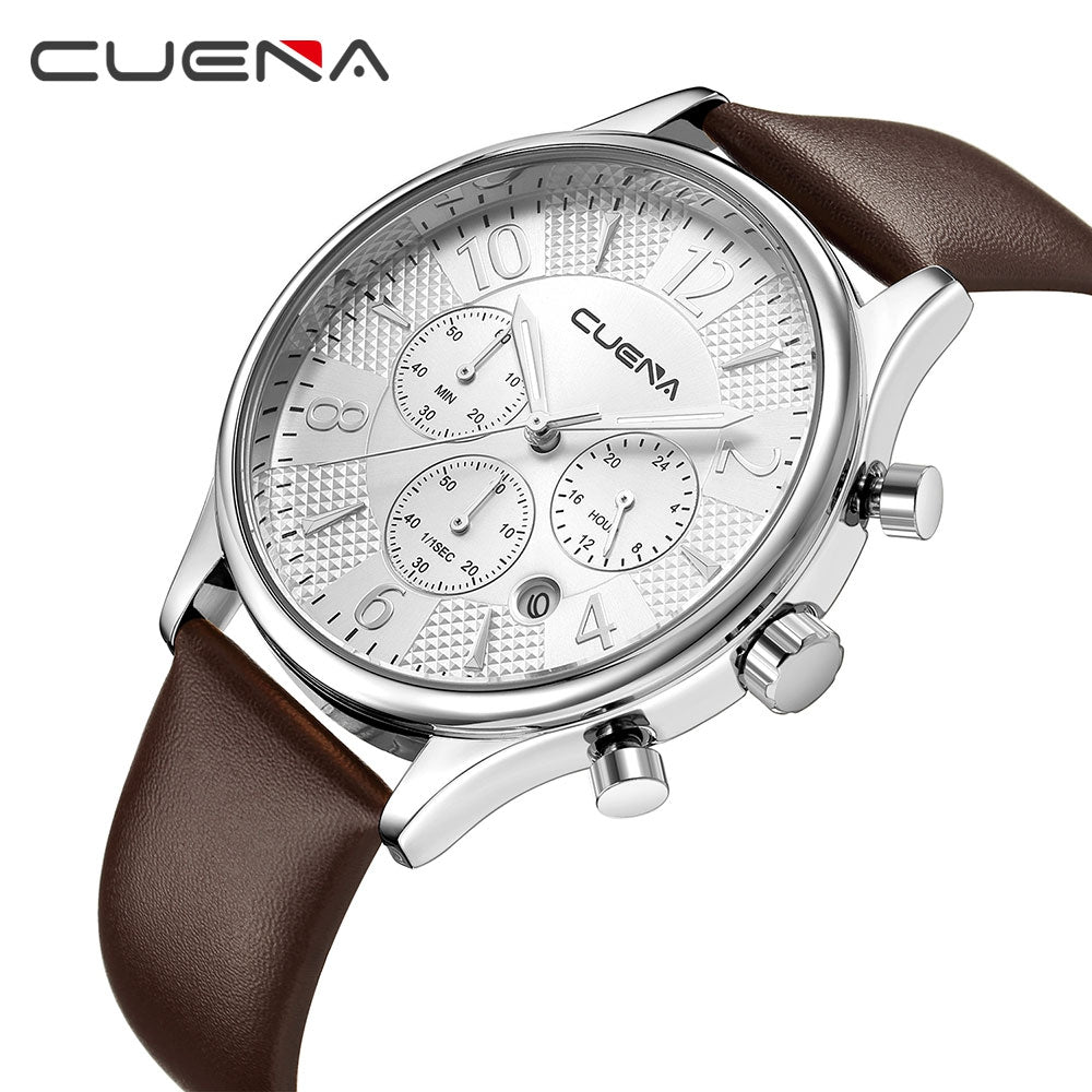 CUENA 6919P Men Multifunction Working Quartz Genuine Leather Watchband Waterproof Watch