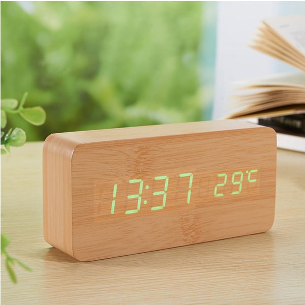 a Yellow Wooden Clock with a LED Display