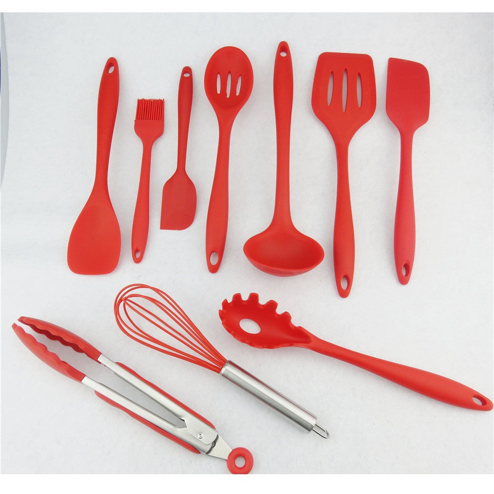 10Pcs/set Silicone Heat Resistant Kitchen Cooking Utensils Non-Stick Baking Tool Red