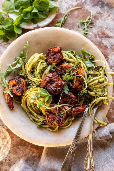 17 Easy dinner Recipe Ideas for Two: Cajun Garlic Butter Shrimp with Pesto Pasta. 