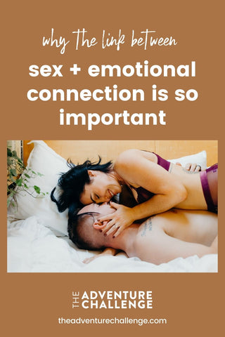 Couple lying down on the bed and smiling at each other; image overlaid with text that reads Why the Link Between Sex and Emotional Connection Is So Important