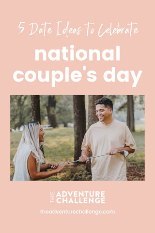 Couple sharing laughs during golf date; image overlaid with text that reads 5 Date Ideas to Celebrate National Couple's Day