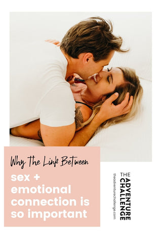 Couple lying in bed and leaning in for a kiss; image overlaid with text that reads Why the Link Between Sex and Emotional Connection Is So Important