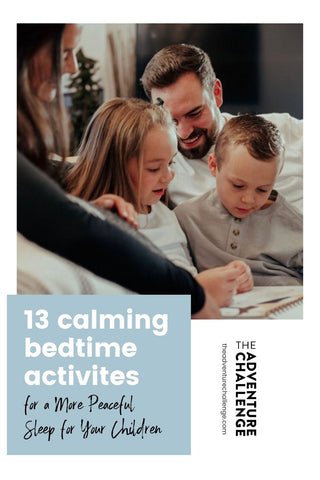 Mother and daughter with their two kids reading a storybook on the couch; image overlaid with text that reads 13 Calming Bedtime Activities for a More Peaceful Sleep for Your Children