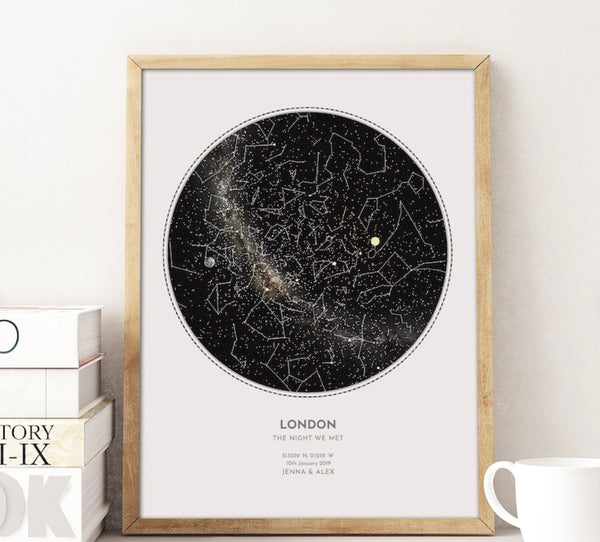 A print showing a map of the stars as they were at a specific place and time