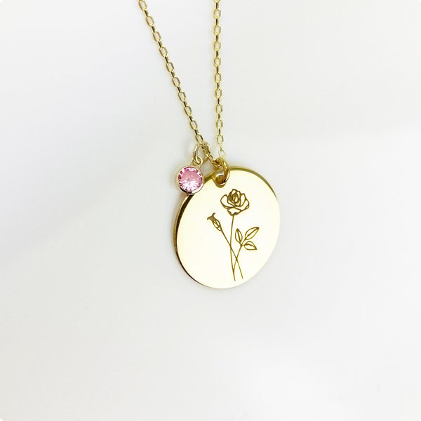 Gold personalized and dainty birthstone and birth flower necklace