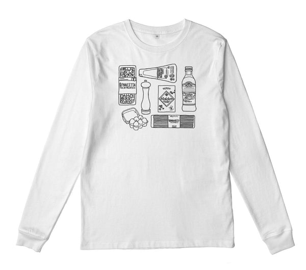 Carbonara-themed long sleeve t-shirt printed with all the ingredients needed to make carbonara
