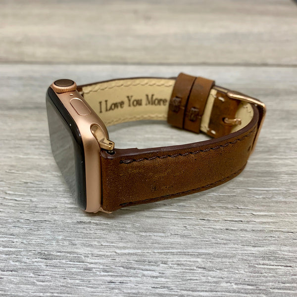 Custom leather watch strap designed for an Apple Watch with engraved phrase you want put onto the inner strap