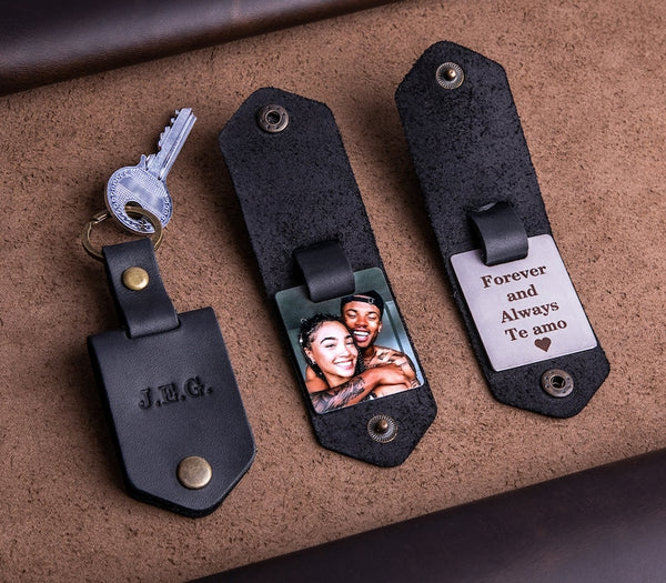Cute, personalized leather keychain unsnaps to reveal a metal tag that can be printed with any photograph you choose