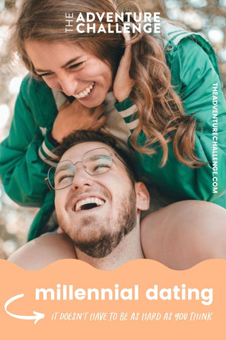 A couple smile together; image overlaid with text that reads millennial dating it doesn't have to be as hard as you think