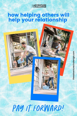 A collage of images of a young man placing a present on a doorstep and running away overlaid with text that reads how helping with help your relationships pay it forward!