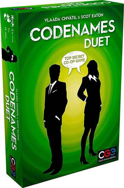 The best two play board games for couples. Green box with Codenames Duet and animated drawing of couple on it.