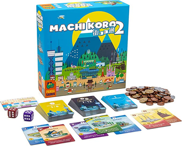 The best two play board games for couples. Box of Machi Koro 2 with cards, dices and coins.