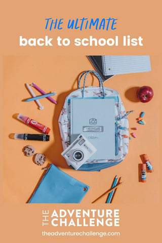 Flatlay of baby blue school backpack with the essential back to school supplies set around it; image overlaid with text that reads The Ultimate Back to School List