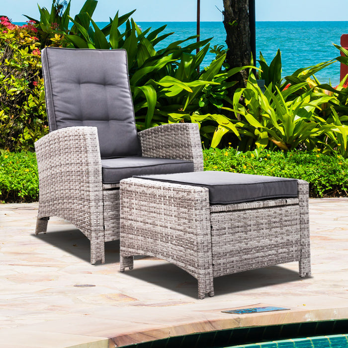 Sun lounge Recliner Chair Wicker Lounger Sofa Day Bed Outdoor Furniture Patio Garden Cushion Ottoman Grey Gardeon