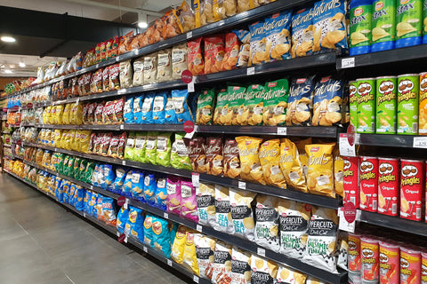 Processed foods on a market shelf