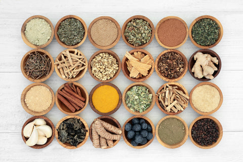 Adaptogenic Herbs in Bowls on a Table