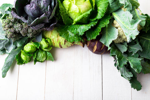 Various of Cabbage Broccoli Cauliflower. Assorted of Cabbages on white wooden background. Flat lay