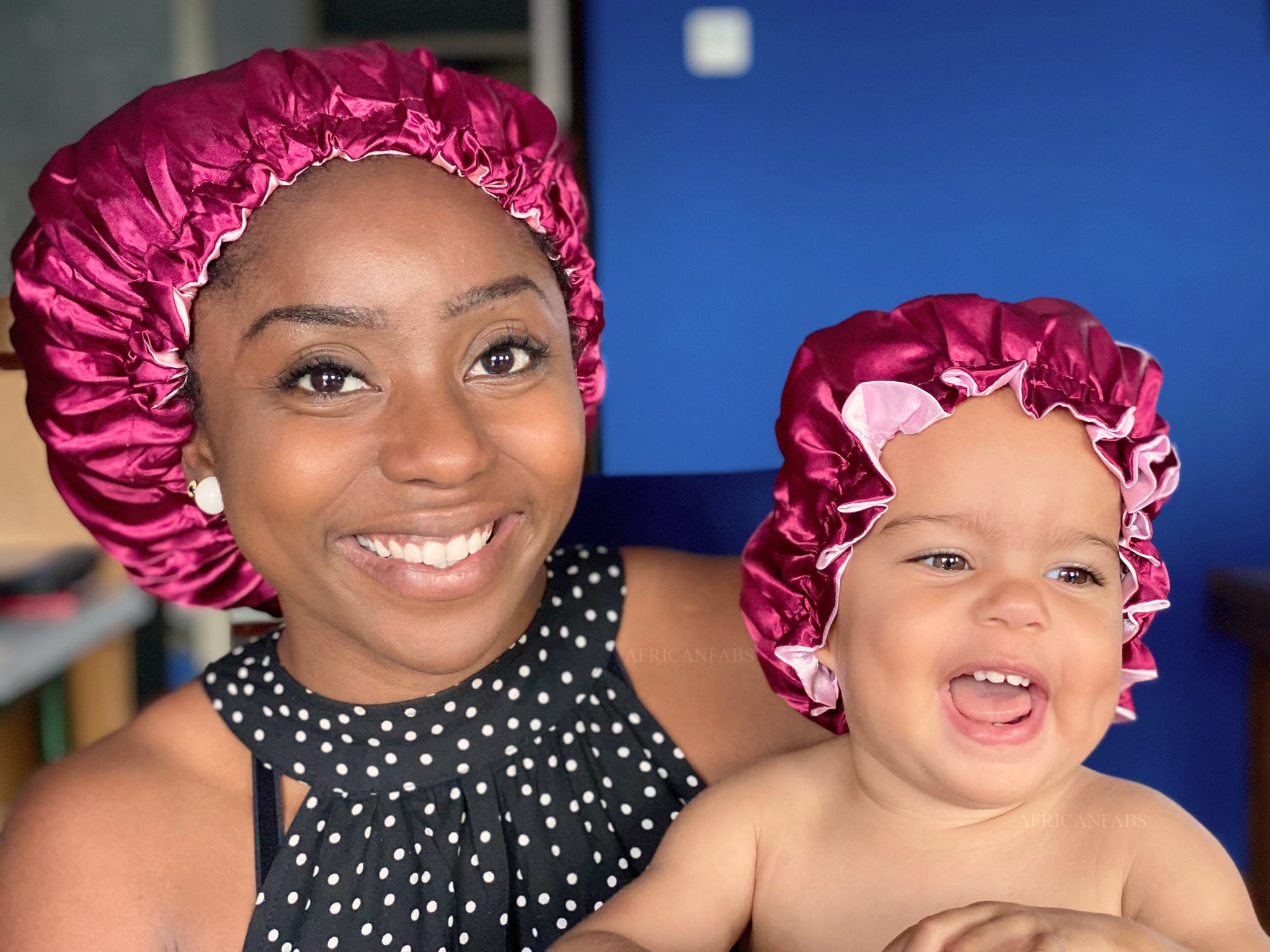 Red Satin Hair Bonnet (Mother+Daughter / Mommy & Me set) Kids Bonnet set (Reversable Satin Night sleep cap)