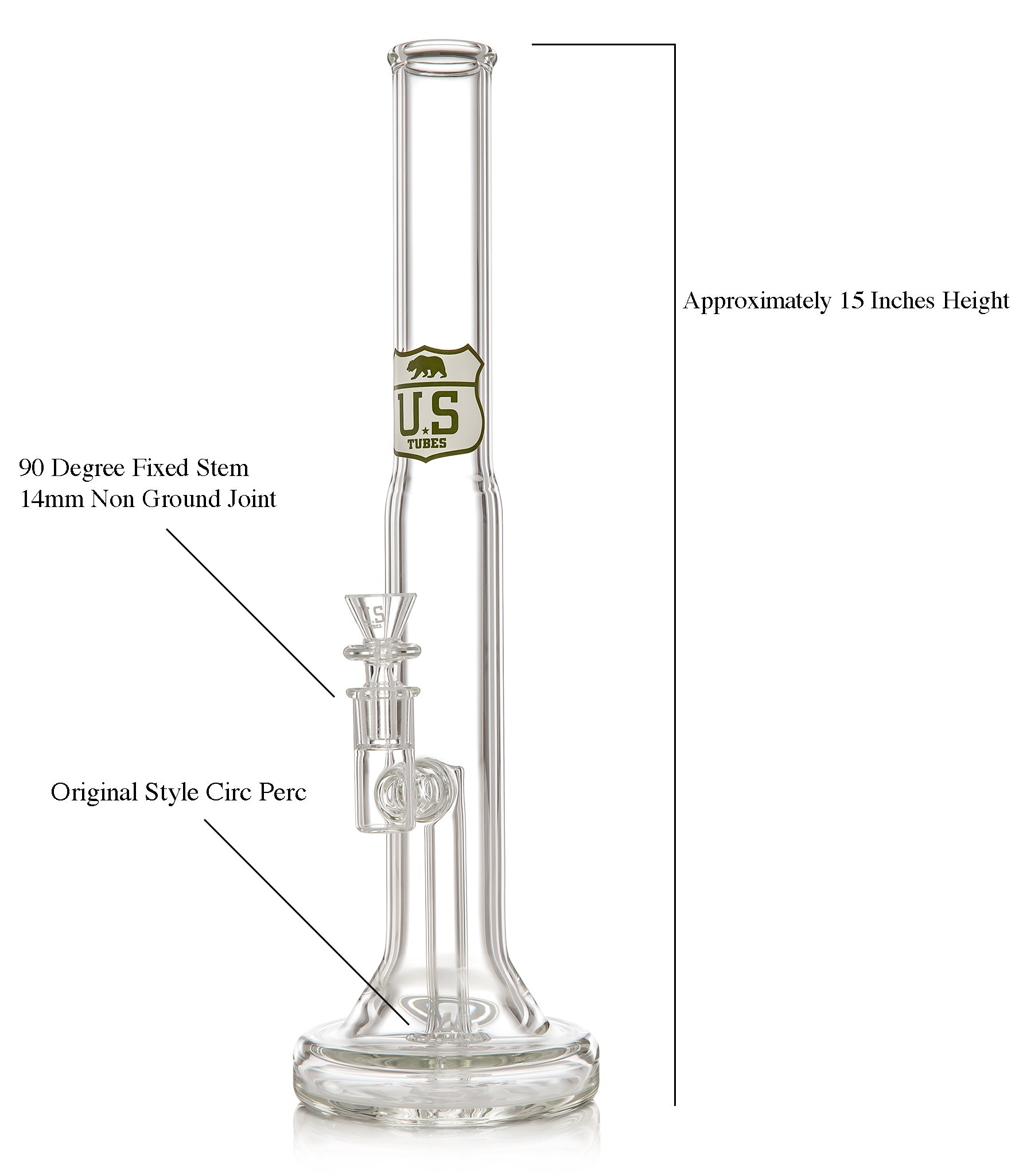 Hybrid Fixed Stem Circ Tube with Product Specs: Approximately 15 Inches Height, 14mm 90 Degree Fixed Stem, Original Style Circ Perc
