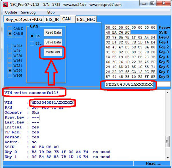 Write New VIN Number Process Display: