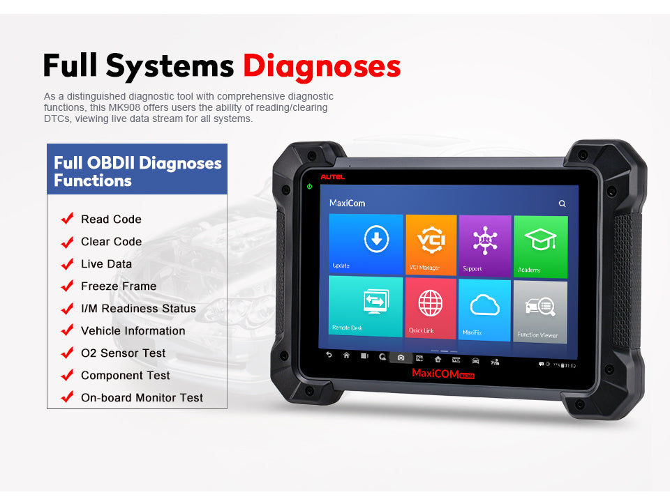 Autel MaxiCOM MK908 Full System Diagnostic Tool Car OBD2 scanner full obdII diagnoses functions of reading, clearing DTCs, viewing live data stream for all systems.