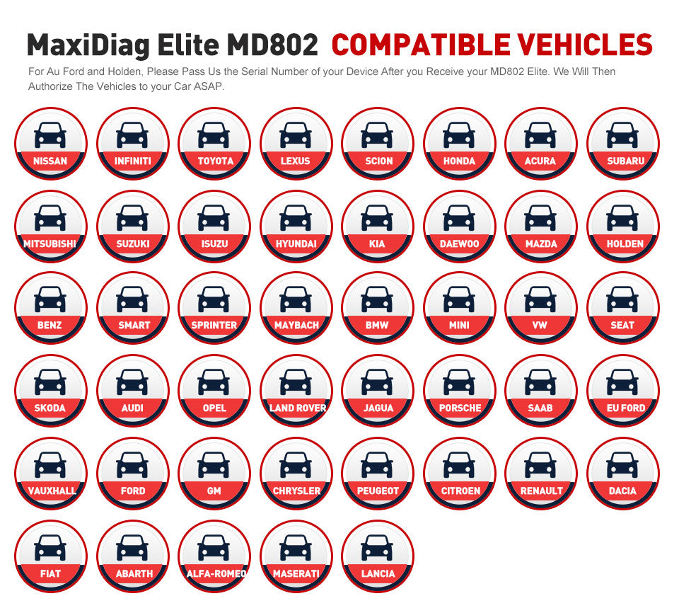MaxiDiag Elite MD802 car list