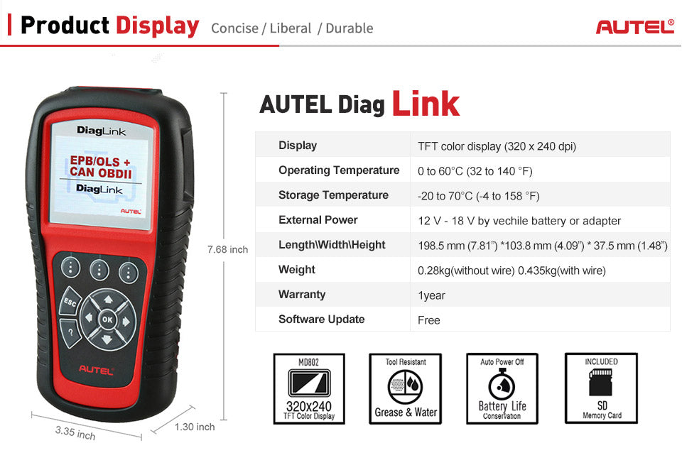 AUTEL MaxiDiag Diaglink OBD2 Scanner All System Car Diagnostic Tool's parameters