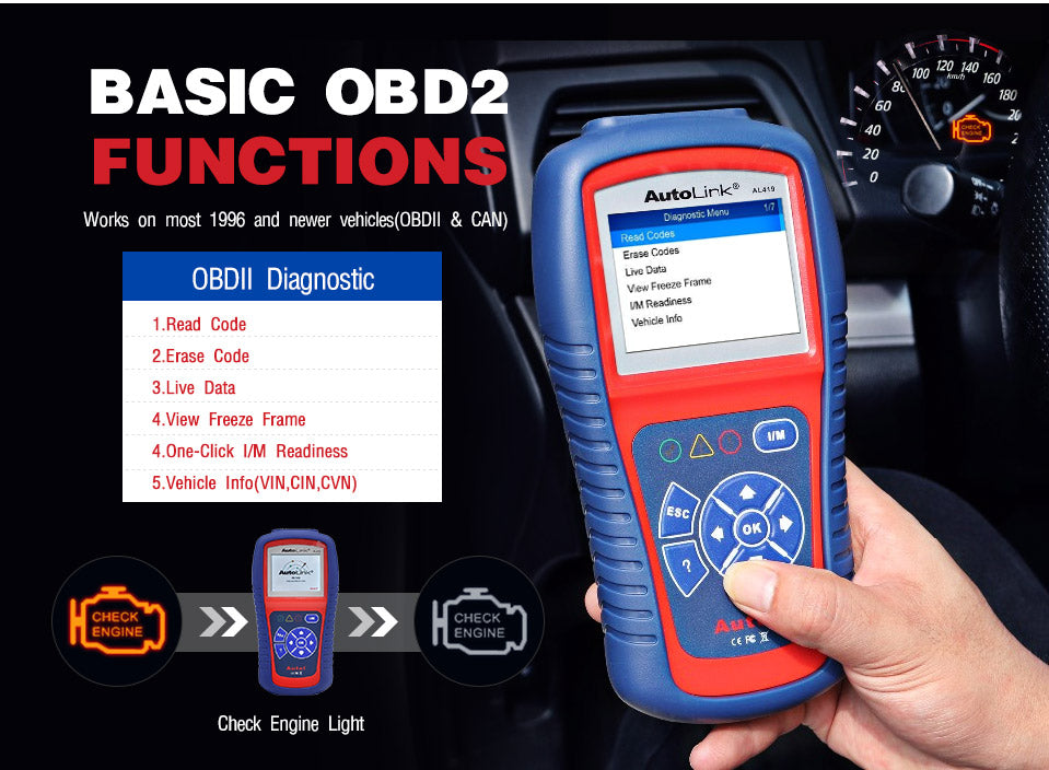Autel AutoLink AL419 OBD2 EOBD Diagnostic Scanner Code Reader/CAN Scan Tool provides basic OBD2 funcitons and works on most 1996 and newer vehiceles(OBDII and CAN)