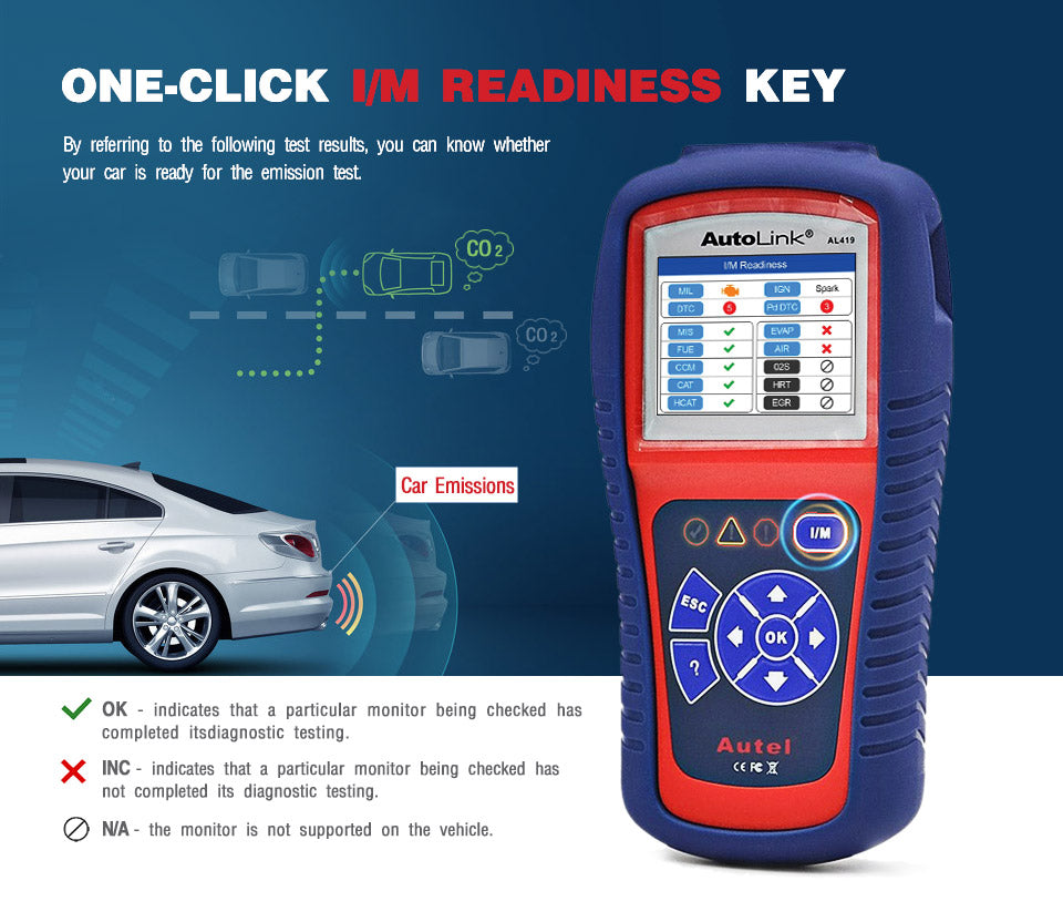 Autel AutoLink AL419 OBD2 EOBD Diagnostic Scanner Code Reader/CAN Scan Tool supports one-click IM readiness key by referring to the following test results, you can know whether your car is ready for the emission test.